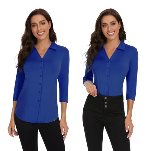 Image of Soneven Womens Golf Polo Shirts 3 /4 Long Sleeve V Neck Button Down Shirts Business Causal Work Blouses Tops