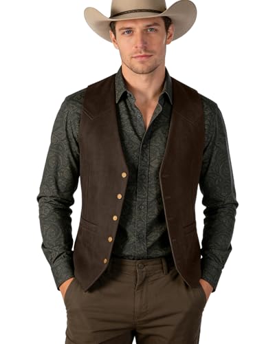 Image of Bakerbear Retro Casual Men's Cowboy Vest Western Suede Leather Waistcoat | vintage classic, v-neck, welt pockets, exquisite button, comfortable,bussiness work, wedding dress vests, prom christmas