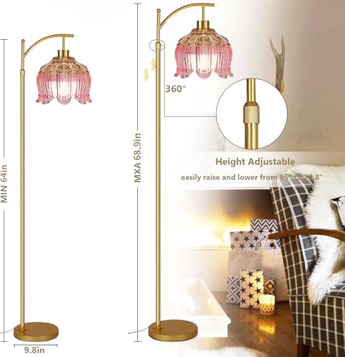 Image of QIYIZM Pink Floor Lamp for Living Room,Bedroom,Glass Gold Dimmable Standing Lamp with Remote,Mid Century Modern Brass Tall Lamp Boho Floor Lamps Arc Stained Tulip Flower Floor Light Lamp Bohemian