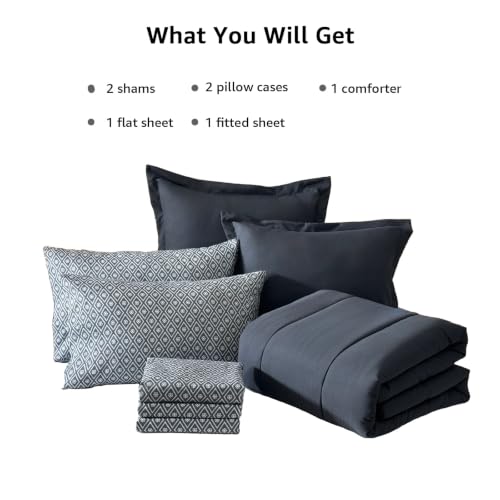 Image of Monbix Full Size Comforter Set - 7 Pieces Bed in a Bag Full, Blue Grey Track Stitching Bedding Sets, All Seasons Comforter Bed Set with Sheets, Pillowcases & Shams