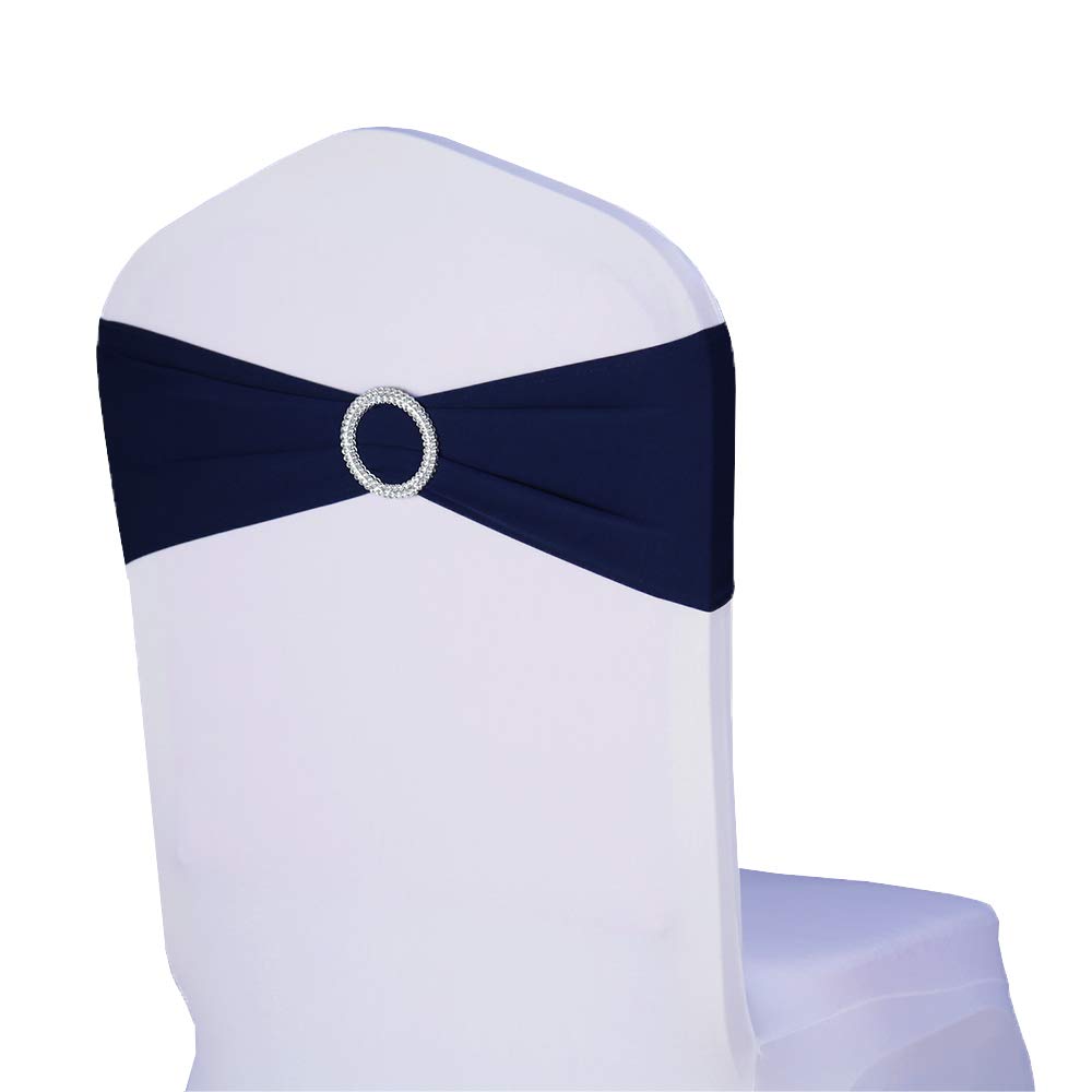 WENSINL Pack of 100 Spandex Chair Sashes Bows Elastic Chair Bands with Buckle Slider Sashes Bows for Wedding Decorations Without White Covers (Navy)