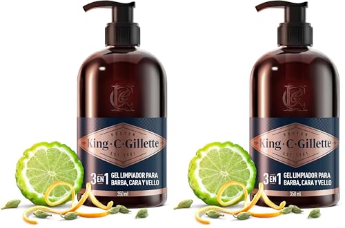 King C. Gillette Gel 3 en 1 para Barba, Rostro y Pelo Hombre con Agua de Coco, Aceite de Argán y Aceite de Aguacate, Limpia e Hidrata, Aroma Refrescante, Cuidado de La Barba, 350 ml (Paquete de 2)