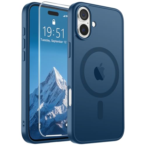 Image of SUPFINE Magnetic for iPhone 16 Case with Screen Protector (Compatible with MagSafe) (Military Grade Drop Protection) Translucent Matte Shockproof with Anti-Fingerprint Phone Case,Deep Blue