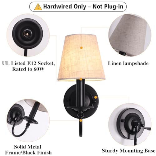 Image of LASENCHOO Black Wall Sconces Set of Two, Modern Candle Sconces Wall Lighting Industrial Wall Light Fixtures with Fabric Lampshade, Bedside Wall Lamps for Bedroom Living Room Hallway Entryway Porch