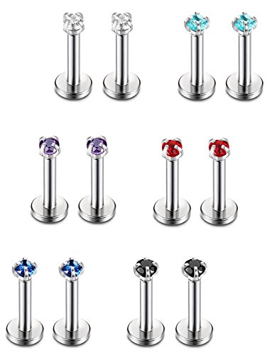 Jstyle 12 Pcs a Set 316L Stainless Steel 16G 2-4mm CZ Nose Piercing Labret Monroe Lip Rings Helix Tragus Cartilage Ear Piercings Studs 8mm Bar Length 2mm