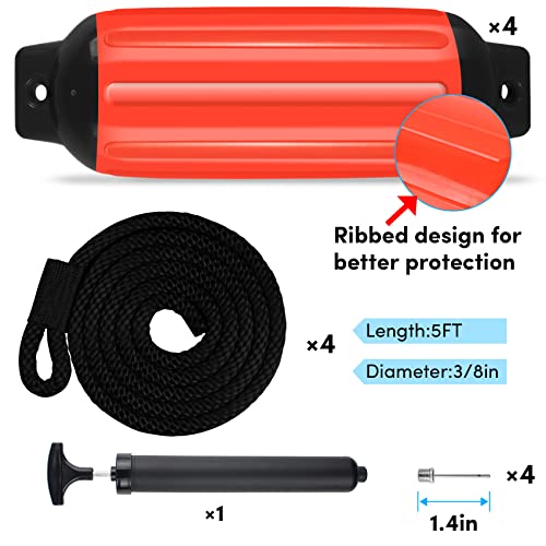 Veithi Boat Fenders 4Pack, Ribbed Twin Eyes Vinyl Boat Fender Bumpers, Boat Bumpers For Docking Come With Ropes Needles And Pump To Inflate, Bumpers Of Boats 8.5 X 27 Inch Flame Orange/Black #TOP2
