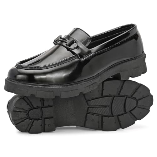 Image of Men's Premium Glossy Black Chunky Sole Loafers with Metal Accent | Fashion Slip-On Formal Casual Shoes