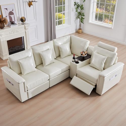 Image of RARZOE Faux Leather Sectional Sofa with Power Recliner, L Shaped PU Leather Couch with Storage Console Charging Cup Holders, 4 Seater Oversized Modular Reclining Couches for Living Room,Beige