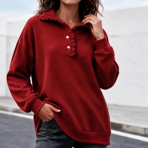Oversized Sweatshirts for Women Button Ruffle Collar Y2K Hoodie, Red - image 4