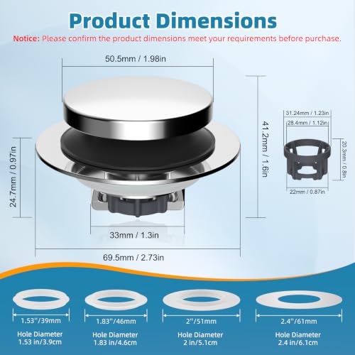 Hibbent 3 in 1 Metal Bathtub Drain Stopper, Universal Pop Up Tub Stopper - image 3