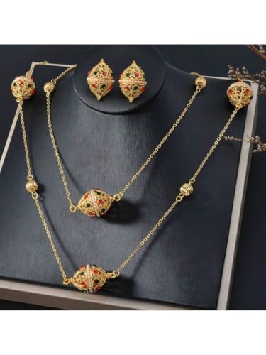 ジュエリー レディース セット 高級中東スタイル 楕円形ゴールドネックレス&ピアス2点セット、二重チェーン、優雅な女性用ジュエリー