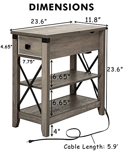 Awescuti Narrow End Table With Charging Station - Farmhouse Slim Side Table Set Of 2, With Usb Ports Power Outlets, Nightstand With Flip Top Storage Drawer, For Small Spaces Living Room Bedroom, Gray #TOP2