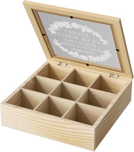 Fousenuk Boite à Thé à 9 Compartiments, Rangement The Sachet Bois, Coffret Thé, Boite en Bois Avec Couvercle, Tea Box, Organisateur de Sachets de Thé, Boite à...