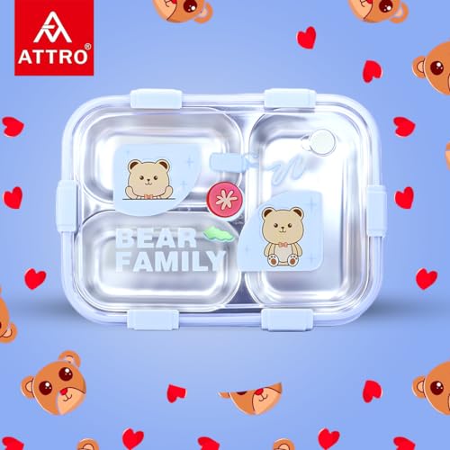 Image of Attro Bento 3 Deluxe Lunch Box with Inner Stainless Steel & Secure Lock Cute Eye Catchy Design Food Grade, Leakproof, Vacuum Seal Design Use for School Kids & Outdoor- 750ml Lavender