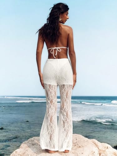 QJQ Women's Floral Lace Sheer Mesh Flare Pants Elastic High Waisted Bell Bottom Sexy See Through Trousers2