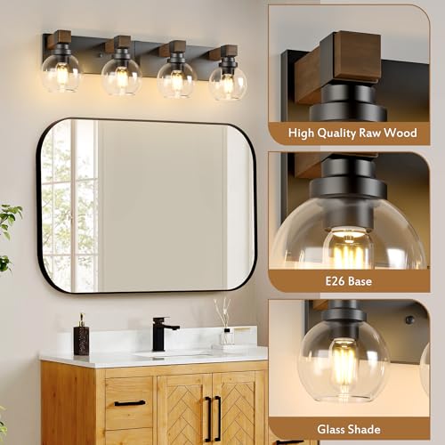 Image of LmnLvn Bathroom Light Fixtures, Farmhouse Wood & Metal with Globe Glass