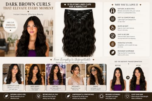 Image of Salon-Grade Clip-in Hair Extensions for Women, Imported Synthetic Hair, 6 PCS with 13 Secure Clips, Instant Volume, Natural Blend, Reusable Hair Volumizer (Dark Brown, Curly /Wavy)