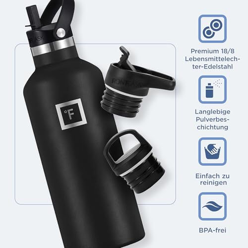 IRON °FLASK Edelstahl Trinkflasche mit 3 Deckel - Auslaufsicher Thermosflasche - Metall Wasserflasche Doppelwandig Isoliert BPA-freie fur Sport Schule Fitness Camping 5
