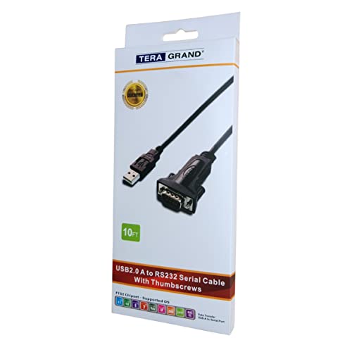 Tera Grand - Premium Usb 2.0 To Rs232 Serial Db9 Adapter Cable 10 Feet - Supports Windows 11, 10, 8, 7, Vista, Xp, 2000, 98, Linux And Mac - Built With Ftdi Chipset And Thumbscrews #TOP6