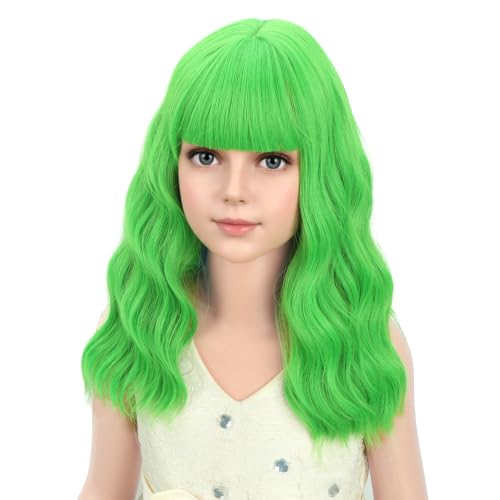 Image of PATTNIUM Girls Light Green Short Curly Wavy Wigs | Kids Light Green Wavy Synthetic Wig for Halloween Cosplay Costume Party Wig
