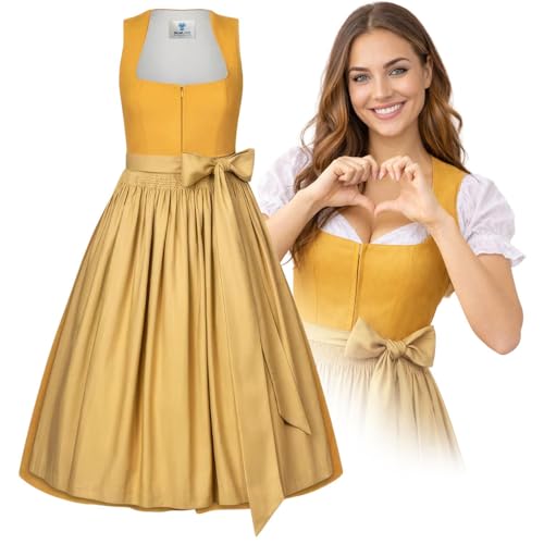 Alpentrachten Dirndl Kira Goldgelb | Midi Dirndl Damen inkl. Dirndlschürze mit Bindeband | Trachtenkleid mit eckigem Ausschnitt & Reißverschluss vorne | Oktoberfest Damen Outfit | Länge 70 cm