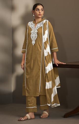 Image of DRESOUL Women Pure Cotton Schiffli Embroidered Kurta Set and Dupatta