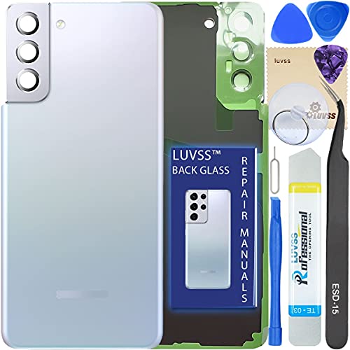 LUVSS Back Glass for Samsung Galaxy S21+ Plus 5G SM-G996 Rear Glass Panel Cover Housing Door + Camera Lens Replacement + Repair Manual DIY Tools Kit (Phantom Silver)