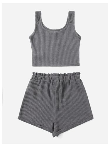 Image of RoseSeek Girl's 2 Piece Outfits Waffle Knit Scoop Neck Button Down Crop Tank Tops Paperbag Waist Track Shorts