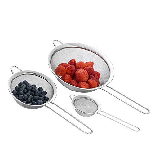 Juego de 3 coladores de cocina, diámetro 7/12/18 cm, colador de acero inoxidable, colador de malla fina con asa, para escurrir pasta, quinua, azúcar en polvo, verduras, frutas, té