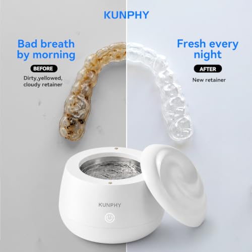 Image of Ultrasonic Retainer Cleaner Machine, 48kHz Dental Cleaning Pod Home | 4 LED Light 48KHz Ultrasound Portable Mouthguard Night Guard Cleaner, IPX7 Waterproof, Quiet 45dB, Overheat Protection, White