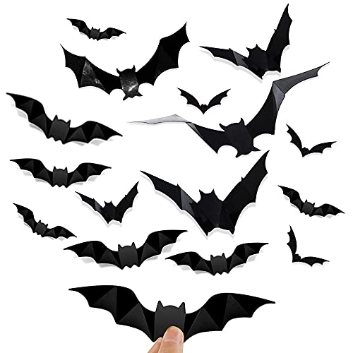 Hongxin LAttice 96 Pcs Halloween Decorations 3D Scary Black Bat Stickers PVC Bat Wall Decals for Home Window Decor Halloween Parties Haunted House Decorï¼ˆwith Double Sided Foam Tapeï¼‰