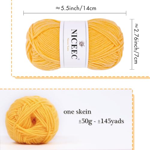 Image of NICEEC 300g Soft Assorted Colors Yarn - Sport Weight,100% Acrylic, 4 Ply, Bonbons Yarn for Crochet & Knit, DIY Project Starter Kit for Kids or Adults(Total 870yds) - Yellow9#