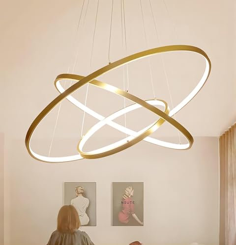 Qiaomao Lustre LED Salon Moderne Suspension Luminaire Doré 76W, Plafonnier Dimmable avec Télécommande, 3 Anneaux Réglable Lustre Suspendu, Decorative Lampe Pour Chambre, Cuisine, Bureau 20+40+60cm