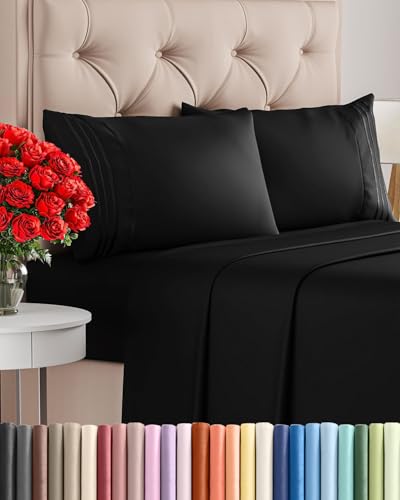 Queen Size 4 Piece Sheet Set - Comfy Breathable & Cooling Bed Sheets Set - Hotel Luxury Bedding for Women, Men, Kids, Teens, Boys & Girls - Deep Pockets, Ultra-Soft, Wrinkle Free - Oeko-Tex - Black