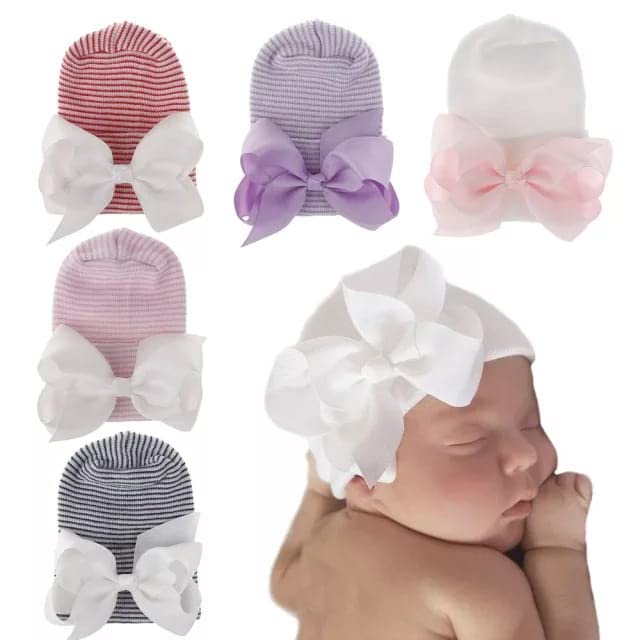 Newborn Hospital Hat with Bow/Baby Bow Beanie Hat/Unique Newborn Baby Hat/Perfect for Hospital Photo (Pink Hat Pink Bow)2