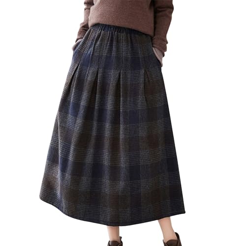 Plaid Skirts for Women High Waist Wool Skirts A-Line Tartan Midi Skirts Casual Trendy Fall Winter Warm Skirt