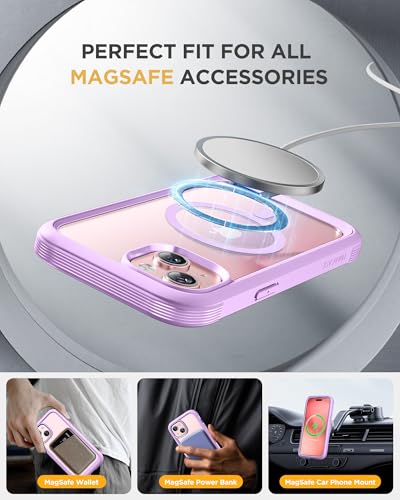 Image of Miracase Magnetic for iPhone 15 Plus Case 6.7'' [Compatible with Magsafe] Full-Body Military Drop Proof 15 Plus Phone Case Cover with Built-in 9H Tempered Glass Screen Protector,Light Purple