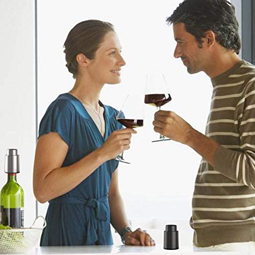 BeRicham Vacuum Wine Stoppers with Time Scale Record, Leakproof Wine Corks/Wine Preserver/Wine Sealer to Keep Wine Fresh, Gifts for Wine Lovers, Fits Any Bottle (2 Pack - Stainless Steel & ABS/Black)