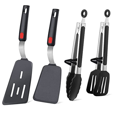 Silicone Fish Slice & Tongs Set, Cooking Turner with BBQ Tools, 4 Pcs Black