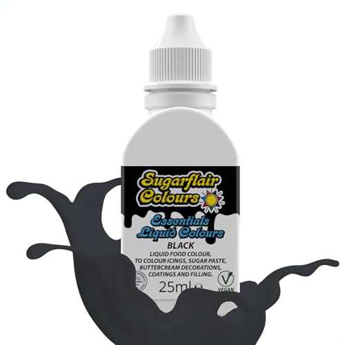 Sugarflair Essentials Black Food Colouring 25ml - Concentrated Liquid Food Dye for Cake Decorating Fondant Buttercream Royal Icing Macarons - Vegan Kosher Bake-Stable