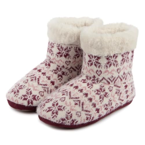 totes® toasties® Ladies Fair Isle Knit Boot Slippers with Faux Fur Cuff, Warm & Cosy Faux Fur Lining, Memory Foam for Ultimate Comfort, Durable Textured Sole, Fair Isle, L