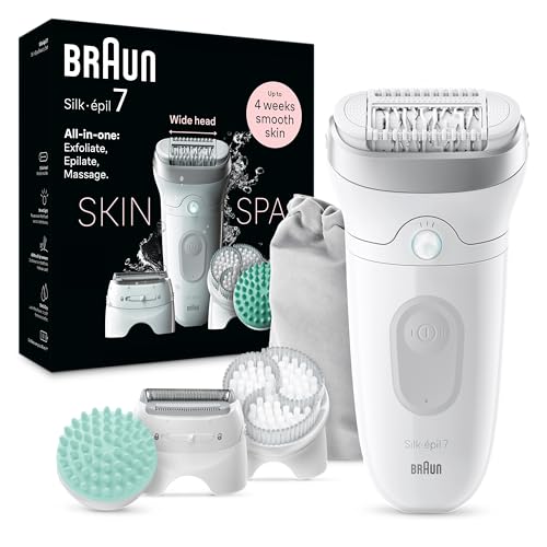 Braun Silk-épil 7 SkinSpa 7-081 - Set de depiladora para mujer, depiladora de larga duración, cabezal de afeitado, cabezal de masaje, color blanco y plateado