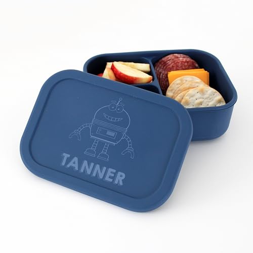 MYETCHEY Personalized Reusable 3 Compartment Silicone Bento Box Lunch Container for Kids - Microwave, Dishwasher Safe (Robot)