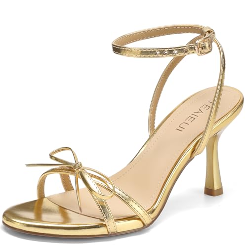 TEAIEUI Kitten Heels for Women Round Open Toe Heeled Sandals Strappy Ankle Strap Shoes with Bow for Dress Party Prom High Heel 2.9 inch Gold Size 8