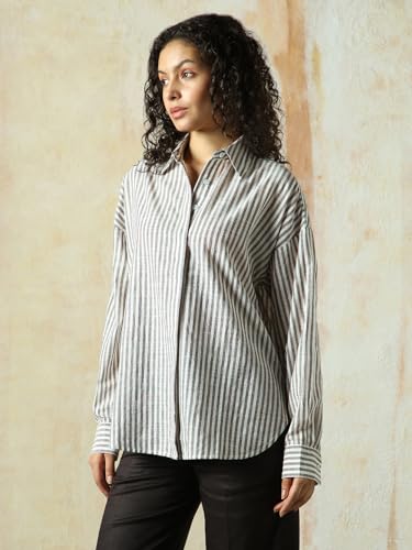 Image of HIGH Star Oversized Striped Cotton Shirt for Women | Stylish Tops for Women | Comfortable and Trendy Casual Shirt