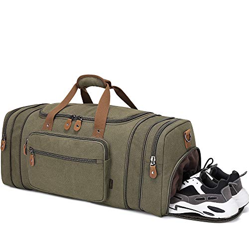 Plambag Travel Duffle Bag with Shoe Compartment 60L Canvas Duffel Overnight Weekend Bag(Army Green)