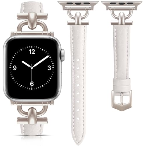 Image of Leather Band Compatible with Apple Watch Bands for Women, Dressy Fancy Strap for iWatch Series 11 /10 /9 /8 /7 /6 /5 /4 /3 /2 /1 /se(38mm 40mm 41mm 42mm,Starlight /Starlight)
