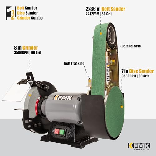 KFMK 𝟑𝐢𝐧𝟏 2"x36" Belt Sander 7" Disc Sander and 8" Grinder Combo, 3.1 Amp Bench Belt Sander for Metal Working, 2 inch Belt Grinder for Knife Making and Sharpening, KF8236 - Image 3