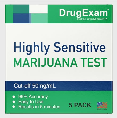 5 Pack - DrugExam Made in USA Highly Sensitive Marijuana THC Testing Drug Test Strip Kit - Drug Test with 50 ng/mL Cutoff Level for Detecting Any Form of THC in Urine up to 35 Days. Urine Test Strips