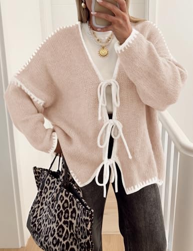 ZESICA Crdigans for Women Trendy 2025 Tie Front Bow Sweaters Casual Long Sleeve Winter Clothing Coats2